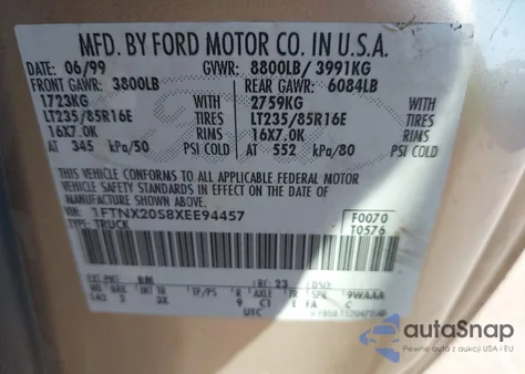 1999 Ford F-250 Lariat/Xl/Xlt из США, поврежденный, VIN 1FTNX20S8XEE94457